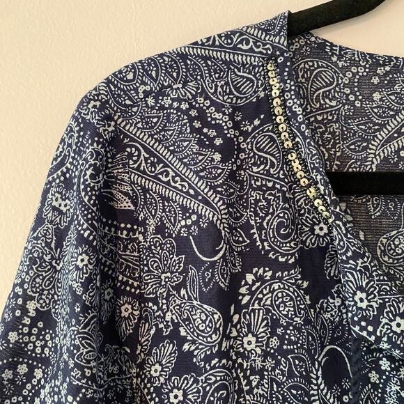 Chico's Women's size 2 / Large Navy Blue Boho Paisley Beaded Blouse 100% Cotton - Picture 3 of 11